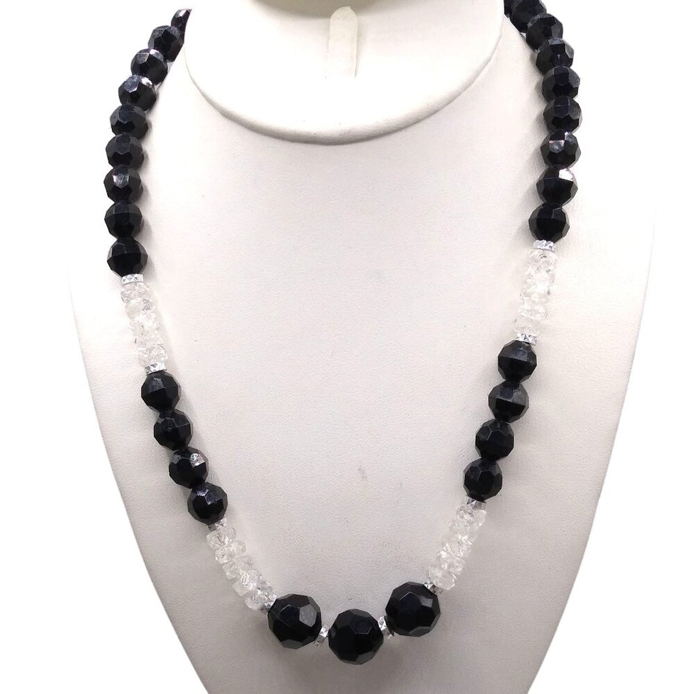Black and Clear Faceted Bead Necklace, Plastic Beads for Lightweight Art Deco